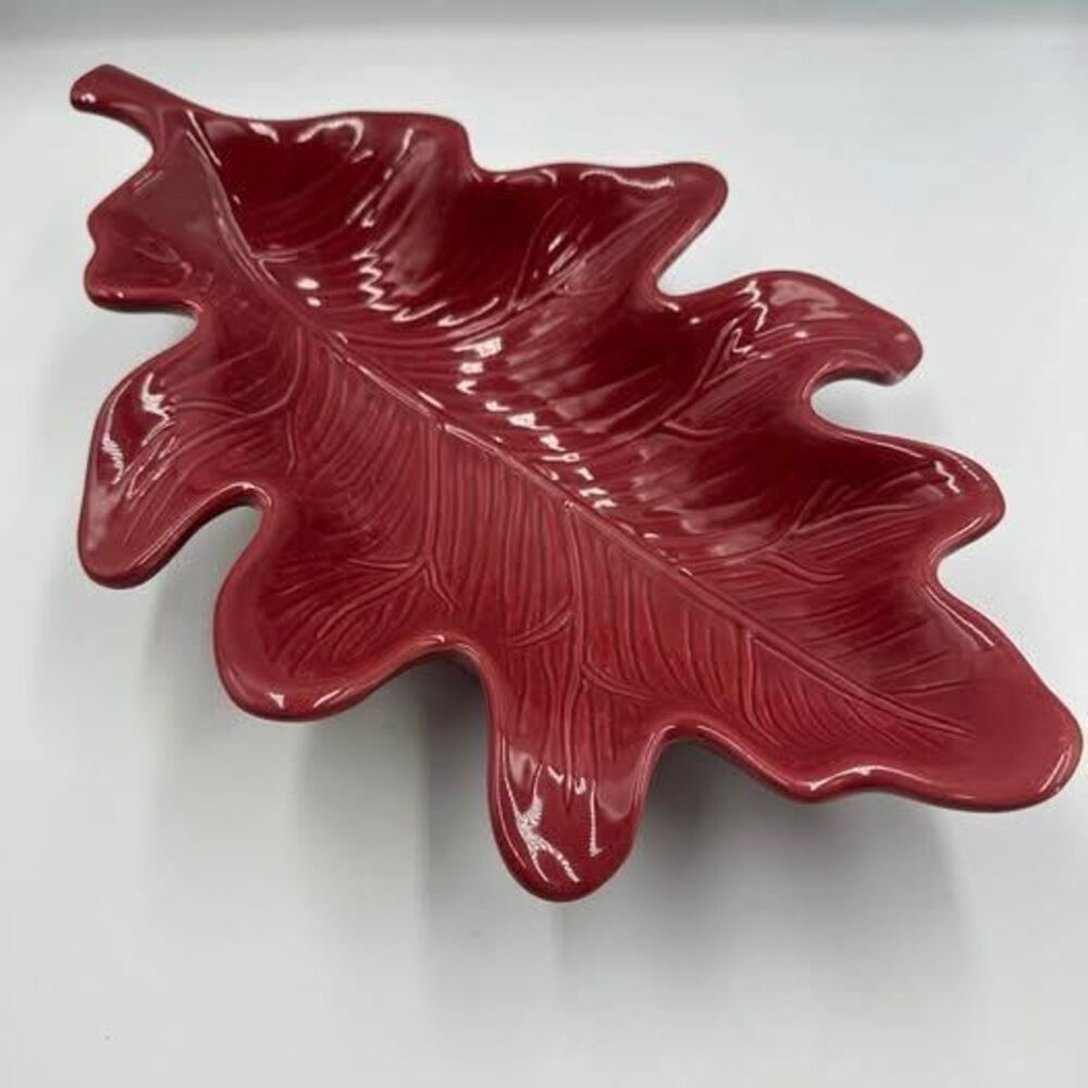 Harvest Dark Red Leaf Ceramic Serving Dish Bowl Rustic Farmhouse Table Decor - Picture 3 of 7